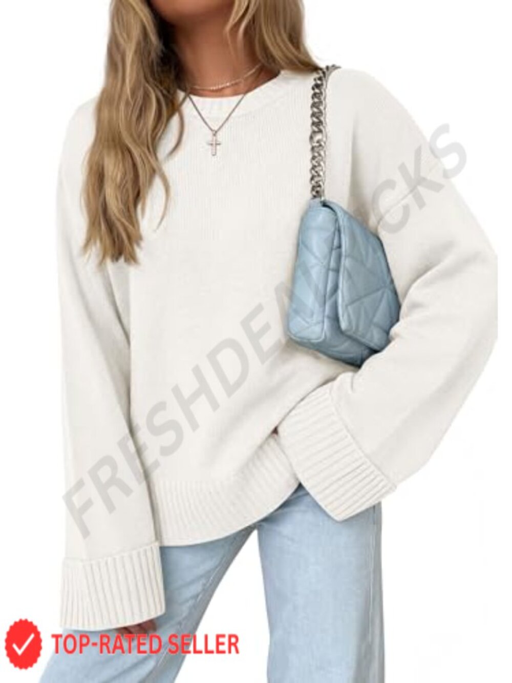 Oversized Crewneck Long Sleeve Pullover Sweater Womens Ribbed Trim